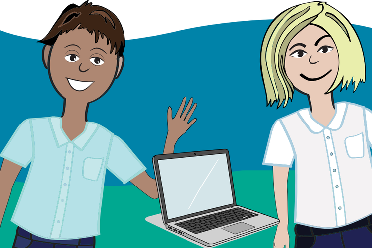 Illustration of two students smiling with a laptop in between