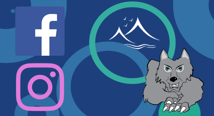 Graphic with social icons, school logo and KMHS wolf mascot