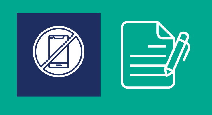 Illustration on teal background showing no phone and document icon