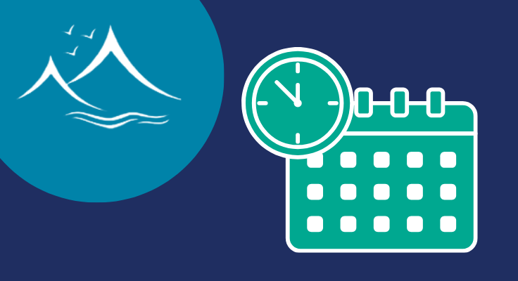 Illustration on dark blue with calendar icon and school logo