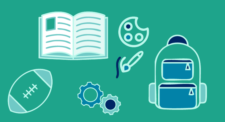 Illustration of learning icons on teal background