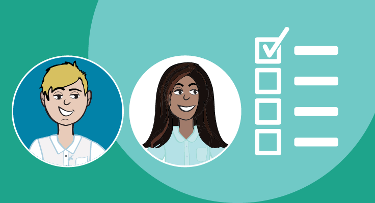 Illustration of two students on background with checkbox