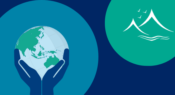 Graphic illustrating knowledge with school logo on blue background