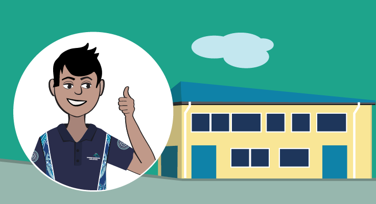 Illustration of boy doing thumbs up outside the school