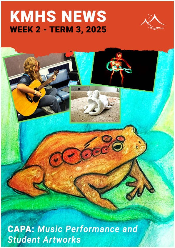 Collage showing student artworks and performance