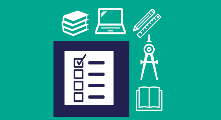 Illustration showing stationery supplies on teal background
